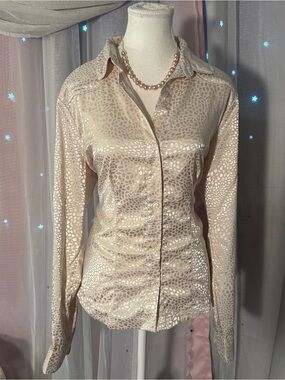 Women's Metallic Animal-Print Button-Up silk like Shirt - Cream/Champagne color.
